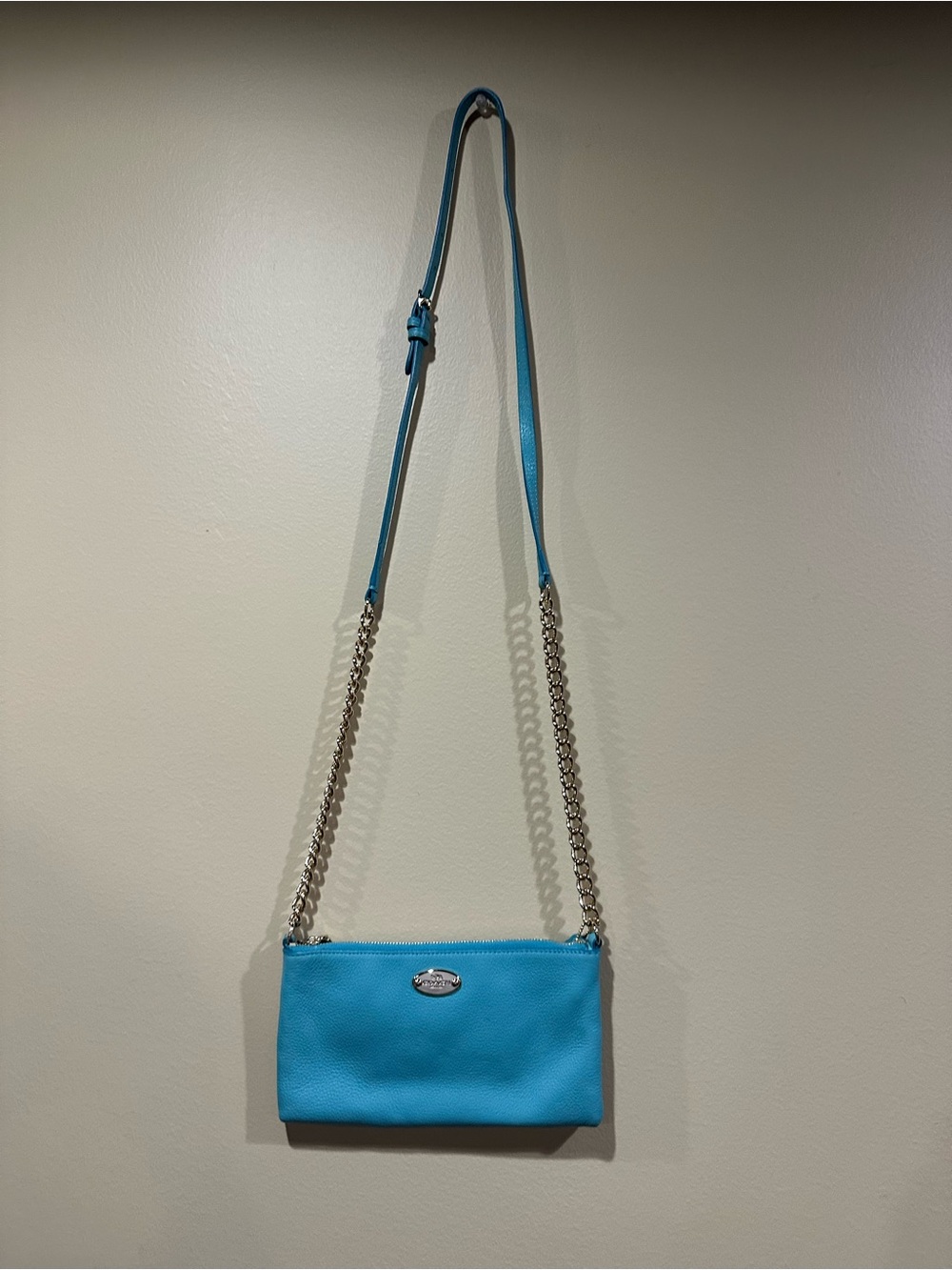 Coach Turquoise Pebbled Leather Crossbody with Silver Chain